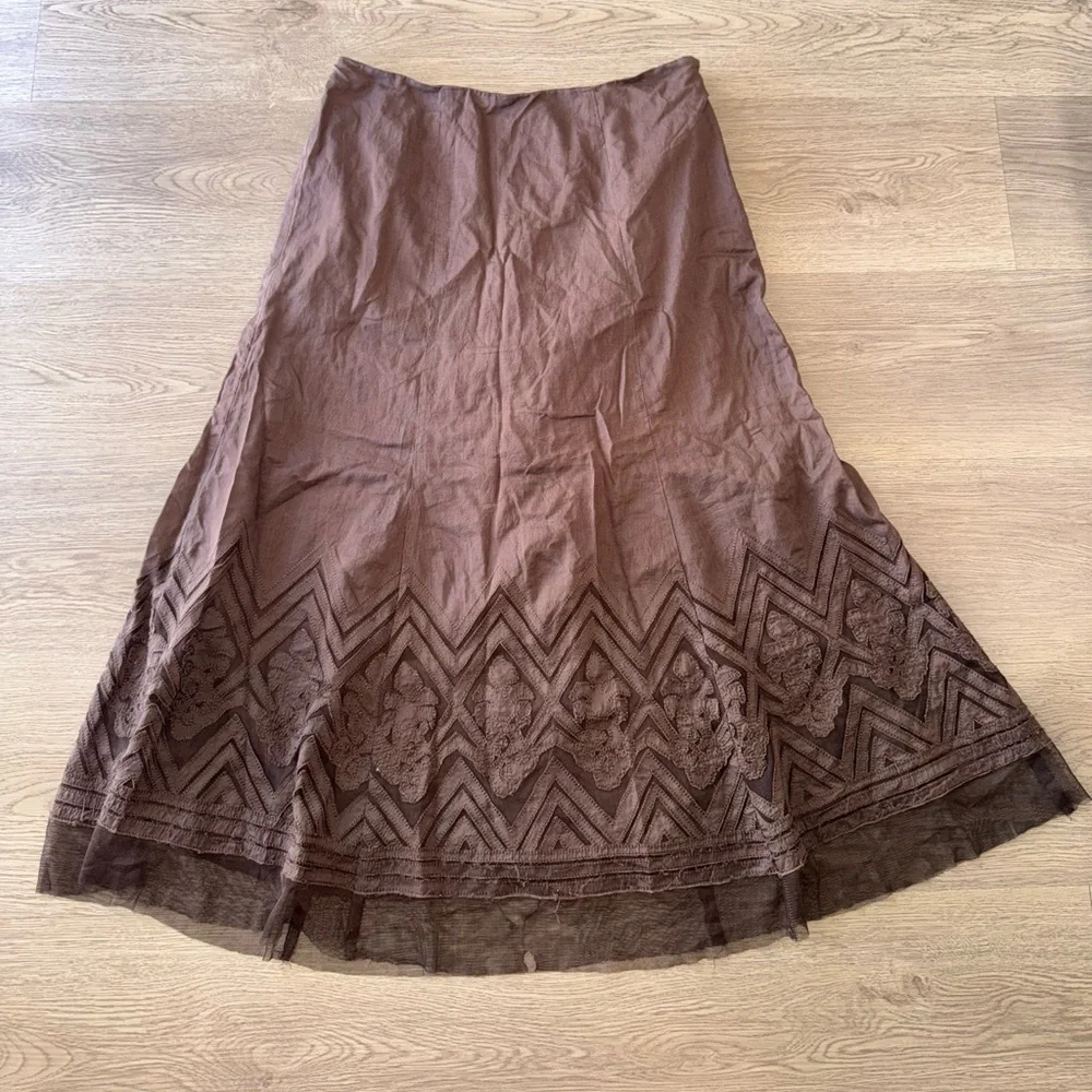 Nine West Boho A-Lined 100% Cotton Brown Embroidered Geometric Long Skirt Sz 2